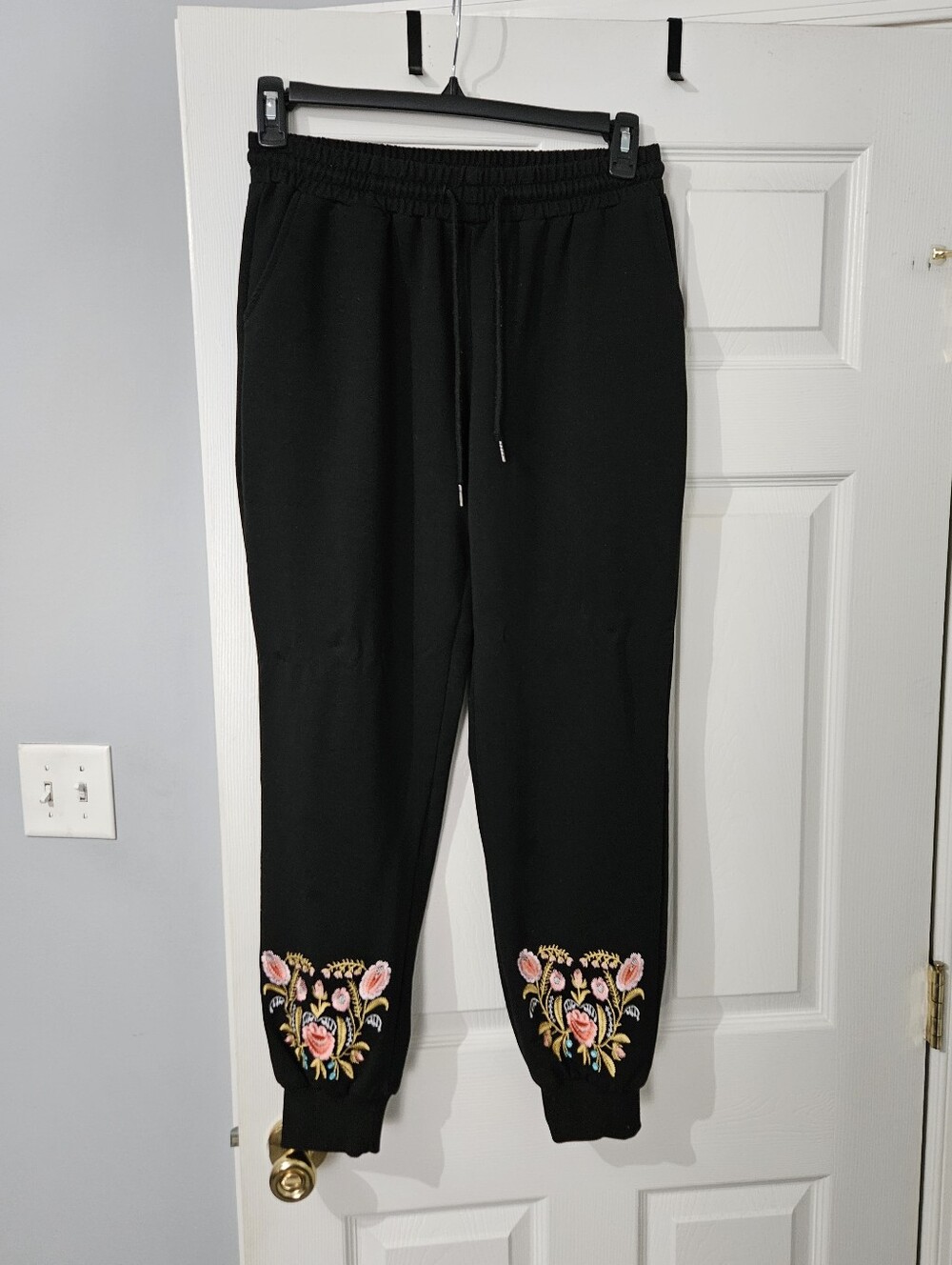 Womens Embroidered Black Joggers - Size Large